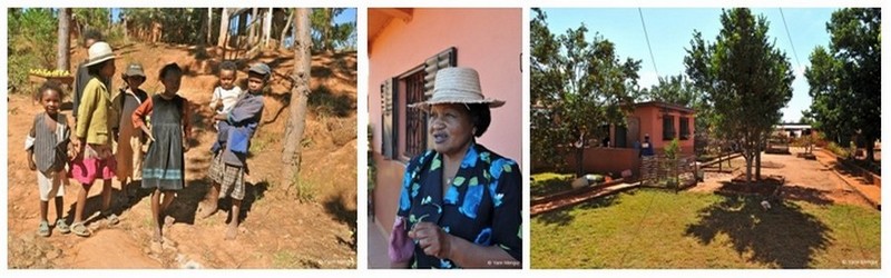 De gauche à droite : Enfants recueillis par l'ONG Ketsa; Portrait de Lys Rasoazanatompo fondatrice de l'orphelinat Ketsa; Jardins de l'ONG Ketsa (Photos Yann Menguy)