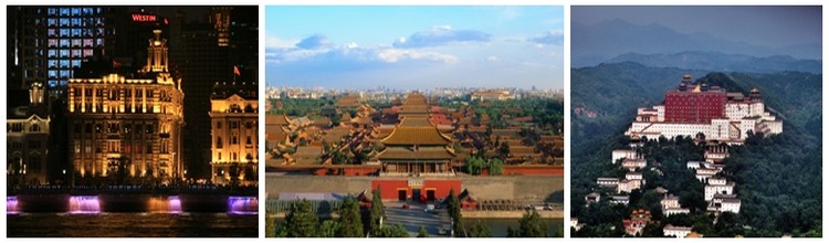 De gauche à droite : Shangaï la nuit; Vue sur Beijin; Chengde, ville de la province de Hubei, célèbre pour être l'ancienne résidence d'été des Empereurs Mandchous au début de la dynastie Qing (Crédit photo DR)