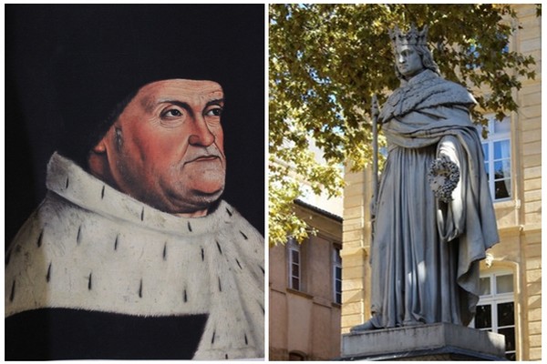 De gauche à droite peinture du visage du Roi René du XVème siècle pour laquelle il a posé et le visage de cette statue. On voit bien la différence, les traits de la statue ne ressemblent en rien aux siens et d’ailleurs la foule massée sur le cours lors de l’inauguration en 1819 ne s’y est pas trompée (photos DR)