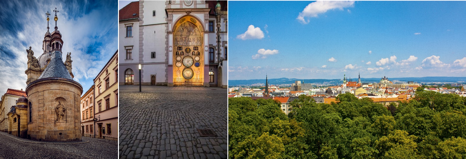 Olomouc. Au coin d'une rue. Sarkanderova Kaple @CzechTourism; Olomouc L'horloge astronomique construite à la Renaissance a été remaniée selon les valeurs du communisme mettant en avant le monde ouvrier @C.Gary et Vue d'ensemble sur la ville d'Olomouc @ mark CzechTourism