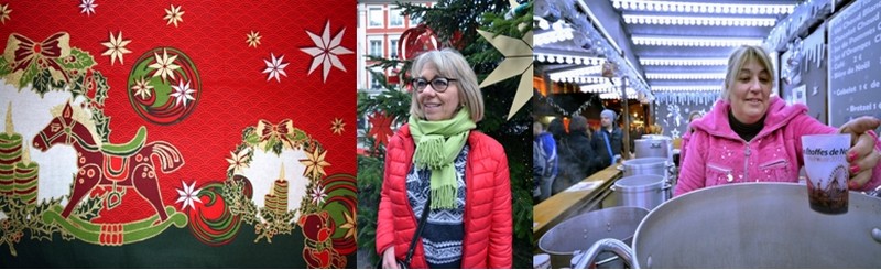 De gauche à droite : La nouvelle étoffe 2013 « Réminiscence » étoffe créée à l'occasion de ce Noël de Mulhouse 2013; Marché de Noël de Mulhouse,  Karine Tosch, l’une des 27 Greeters de Noël bénévoles de la ville.(Crédit Photo David Raynal)
