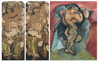 De gauche à droite : Georges Braque, Canéphores, 1922, huile sur toile ; 180,5 x 73 cm, Paris, Centre Pompidou, Musée national d’art moderne, legs Baronne Eva Gourgaud, 1965, © Centre Pompidou, MNAM-CCI, Dist.Rmn-Grand Palais / Jacqueline Hyde, © Adagp, Paris 2013; Georges Braque, Grand Nu, hiver 1907- juin 1908, huile sur toile ; 140 x 100 cm, Paris, Centre Pompidou, Musée national d'art moderne, dation Alex Maguy-Glass, 2002, © Centre Pompidou, MNAM-CCI, Dist.Rmn-Grand Palais / Philippe Migeat, © Adagp, Paris 2013