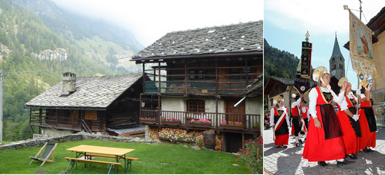 Hameaux Walser dispersés dans la vallées.@ C.Gary et  Lors des jours de fête ou de pélerinage les Walser revêtent leurs costumes traditionnels @Enrico Romanzi