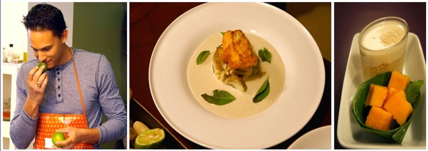 De gauche à droite : Un stagiaire en pleine action; Plat de  Beignets de cabillaud, sauce curry vert, feuilles de basilic thaï;  En dessert, perles de tapioca et sésame, mangue (Crédit photo Atelier Thaï)