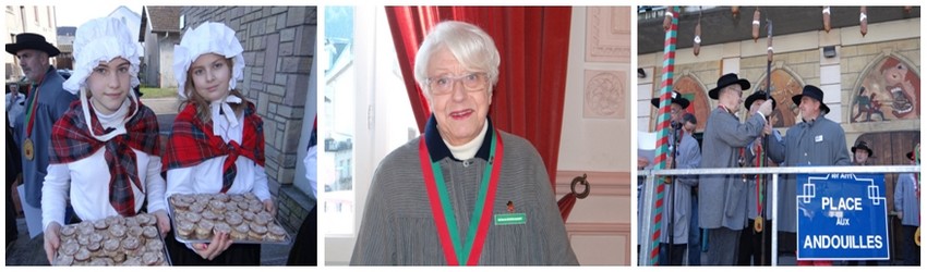 De gauche à droite : De jeunes et jolies ambassadrices de l’andouille du Val d’Ajol arborant la tenue traditionnelle vosgienne ; Marianne André-Durupt, l’une des chevilles ouvrières de la confrérie de la Foire aux Andouilles; Le 17 février , le chef vosgien Joseph Viola, roi des Bouchons lyonnais et Meilleur Ouvrier de France, fut intronisé (Crédit photo Bertrand Munier)