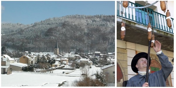 De gauche à droite : Paysage sous la neige de Girmont Val d'Ajol (Vosges) (Crédit Photo DR); Présentation de l'andouille lors de la foire de Val d'Ajol dans les Vosges (Crédit photo DR)