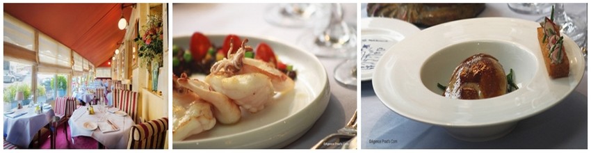 De gauche à droite : la lumineuse terrasse du restaurant La Méditerranée; Médaillons de lotte cuisinés comme la paëlla avec riz de veau au chorizo;  Foie de veau de lait... (Photos Agence Prad's Com)