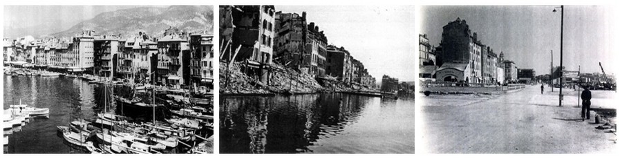 De gauche à droite : le port de Toulon avant la guerre; Le port détruit pendant la dernière guerre; Le port après les premiers déblaiements ( © DR) De gauche à droite : le port de Toulon avant la guerre; Le port détruit pendant la dernière guerre; Le port après les premiers déblaiements ( © DR)