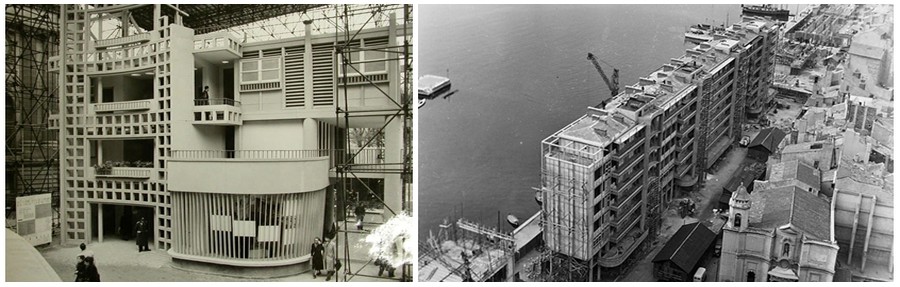 De gauche à droite : Maquette échelle 1 de l'Unite d'habitation de Toulon - Facade ;  Vue aérienne des premiers travaux des immeubles de La Frontale à Toulon ( © DR)