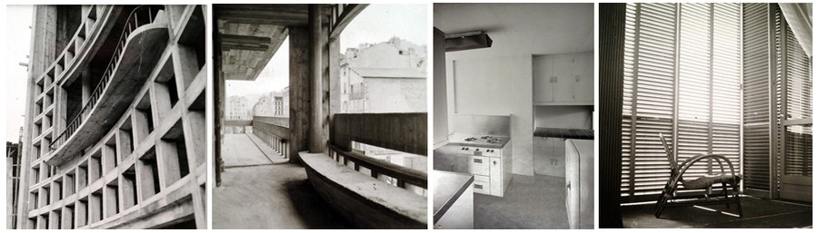 De gauche à droite : Façade nord avec détail sur la jardinière et claustra de la cage d'escalier; Façade nord et sa coursive; Cuisine et son aménagement tel que l'a conçu l'architecte Jean de Mailly; Sur les fenêtres position des lames orientables; ( © DR) De gauche à droite : Façade nord avec détail sur la jardinière et claustra de la cage d'escalier; Façade nord et sa coursive; Cuisine et son aménagement tel que l'a conçu l'architecte Jean de Mailly; Sur les fenêtres position des lames orientables; ( © DR)