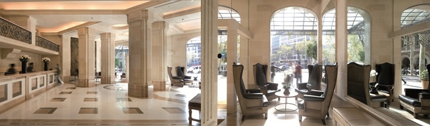 Hall de réception du Majestic et son salon situé dans un immeuble de style néoclassique, en plein cœur du Paseo de Gracia à Barcelone (Crédit Photo David Raynal)