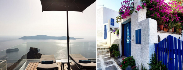 Depuis le spa d'une villa, vue sur la caldeira et une ruelle du village de  Finikia @ DR