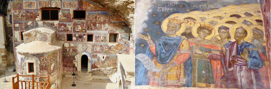 Les fresques assez endomagées à l'extérieur du monastère de Sümela @ C. Gary  et  Les fresques en partie restaurées à l'intérieur du monstère de Sümela.@ C.Gary