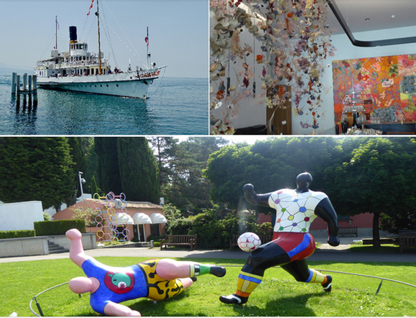 Balade et déjeuner sur le Léman en bateau à aubes  @ C.Gar ; La déco du restaurant Nabi.@ C.Gary ;  L'œuvre de Nikki de Saint Phalle au pied du musée Olympique @ C. Gary