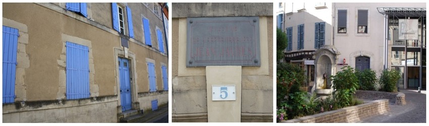 De gauche à droite : Maison natale de Jaurès; La plaque commémorative apposée au-dessus de la porte; Musée Jean-Jaurès à Castres (Crédit photo CC By-SA 3.0 Roudière)