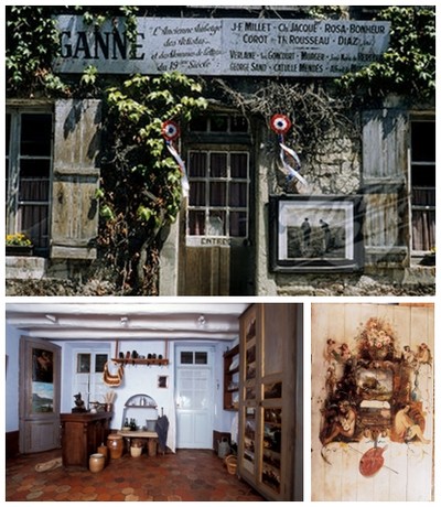De haut en bas : L'auberge musée Ganne grand rendez-vous des peintres à la moitié du 19ème siècle. La troisième photo est une fresque  peinte à même le mur en bois de l'auberge (Crédit photos DR)