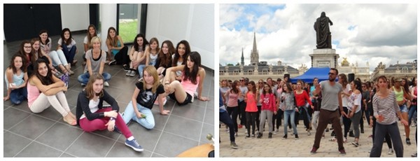 De gauche à droite : Le collège gardois « La Vallée Verte » à Vauvert présent à la finale des Championnats de France UNSS de danse;) Représentation finale sur la célèbre place nancéienne Stanislas.  (Crédit photos : Bertrand Munier)