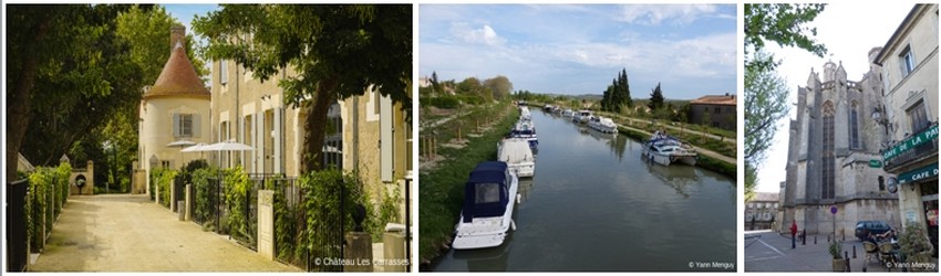 De gauche à droite : Domaine des Carrasses « Les Carrasses », un ancien château pinardier du XIXe siècle.(Crédit photo Les Carrasses); 2/ Vue sur le Port de Capestang (Crédit photo Yann Menguy); 3/Collégiale Sain-Etienne de Capestang (Hérault) - ( Crédit photo Yann Menguy)