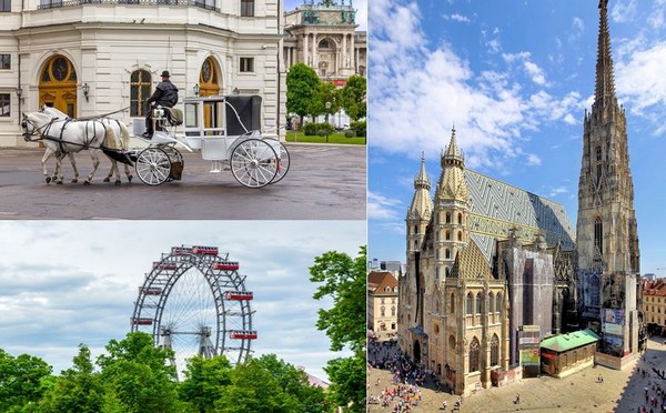 Découvrir la ville en calèche. La grande roue du Prader; Le Stephansdom,( La  cathédrale de Vienne.)  @ Pixabay,wikipedia