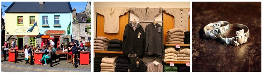 A Galway Il fait bon flâner dans les rues aux boutiques colorées. C’est dans Quay str. que l’on trouvera le plus grand choix de pulls d’Aran. Au numéro 1, la bijouterie Thomas Dillon créée en 1750 est réputée pour ses bijoux celtiques comme la célèbre bague de Claddagh, anneau traditionnel irlandais. (Crédit photos DR et André Degon) A Galway Il fait bon flâner dans les rues aux boutiques colorées. C’est dans Quay str. que l’on trouvera le plus grand choix de pulls d’Aran. Au numéro 1, la bijouterie Thomas Dillon créée en 1750 est réputée pour ses bijoux celtiques comme la célèbre bague de Claddagh, anneau traditionnel irlandais. (Crédit photos DR et André Degon)