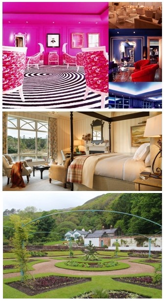 De haut en bas : 1/Le G Hôtel, Wellpark, à Galway; 2/ Ballynahinch castle estate à Recess; 3/  Abbeyglen Castle, Sky rd, Clifden; 4/ De haut en bas : 1/Le G Hôtel, Wellpark, à Galway; 2/ Ballynahinch castle estate à Recess; 3/  Abbeyglen Castle, Sky rd, Clifden; 4/