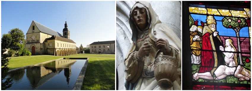 De gauche à droite : Abbaye d'Hauvillers  (© DR) ; Statuaire Ecole Troyenne (© DR);  vitraux datant du XIIè au XVIè siècle (© Catherine Gary)