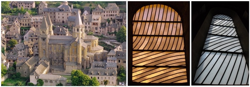 En 1986, l’Etat en la personne de Jack Lang, alors ministre de la Culture demande à Pierre Soulages de réaliser des vitraux pour l’abbatiale Sainte-Foy de Conques. (© O.T. Rodez) En 1986, l’Etat en la personne de Jack Lang, alors ministre de la Culture demande à Pierre Soulages de réaliser des vitraux pour l’abbatiale Sainte-Foy de Conques. (© O.T. Rodez)