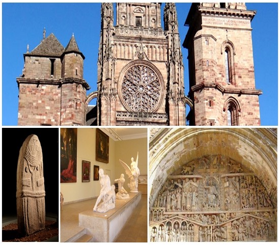 En haut : La Cathédrale Notre-Dame de Rodez (© Photo DR); En bas à gauche : Musée Fenaille, statue-menhir (© photo DR); 2/Musée Denys-Puech.. datant du début du XXe siècle et qui porte le nom du sculpteur né à Bozouls près de Rodez (© photo DR); 3/ L'abbatiale à Conques célèbre pour son tympan et les vitraux de Pierre Soulages (© photo DR)