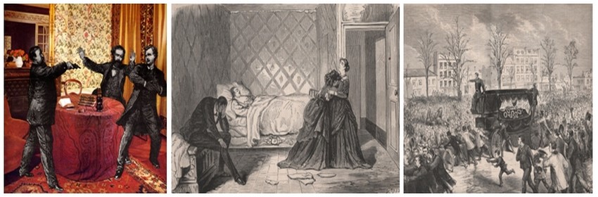 De gauche à droite : La scène du crime à Auteuil. Le Prince Pierre-Napoléon Bonaparte tire à bout portant sur Victor Noir, sous le regard d’Ulrich de Fonvielle, qui crie « à l’Assassin ». (Crédit photo Bertrand Munier);) Dans la chambre mortuaire de Victor Noir, des parents et une future jeune épouse, pleurent leur cher disparu ! (Crédit photo Bertrand Munier);) Lors des funérailles de Victor Noir… des scènes de débordement indescriptibles ! La foule coupe les traits des chevaux et traine le corbillard. (Crédit photo Bertrand Munier) De gauche à droite : La scène du crime à Auteuil. Le Prince Pierre-Napoléon Bonaparte tire à bout portant sur Victor Noir, sous le regard d’Ulrich de Fonvielle, qui crie « à l’Assassin ». (Crédit photo Bertrand Munier);) Dans la chambre mortuaire de Victor Noir, des parents et une future jeune épouse, pleurent leur cher disparu ! (Crédit photo Bertrand Munier);) Lors des funérailles de Victor Noir… des scènes de débordement indescriptibles ! La foule coupe les traits des chevaux et traine le corbillard. (Crédit photo Bertrand Munier)