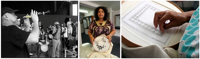 De gauche à droite :Le chanteur Réunionnais Firmin Viry (Crédit photo DR); 2 et 3 Les brodeuses de Cilaos (Ile de la Réunion) (Crédit Photos David Raynal)