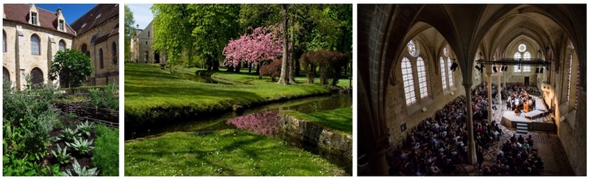 De gauche à droite : Jardin des Neuf carrés (Crédit photo J.Johnson); Canaux creusés par les moines cisterciens (Crédit photo M.Chassat); Concert au refectoire des moines. (Crédit photo A.Poupeney)