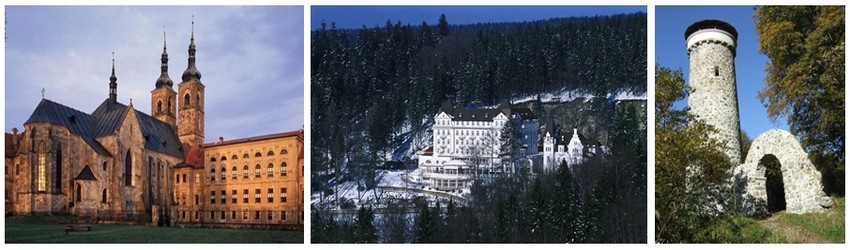 De gauche à droite :  l’abbaye de Teplá ; L’Hôtel Esplanade Spa & Golf Resort *****  en hiver;la tour d’observation Hamelika, sur les pentes portant les noms de Slalomář (le slalomeur) et Krakonoška (Crédit photos Czechtourism.com)