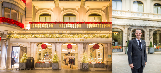 La façade de l'Hôtel Majestic en lumière pour les fêtes et  Son Directeur général, le Français Pascal Billard @ DR