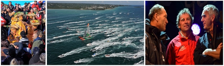 La Route du Rhum  a été et demeure pour la Guadeloupe en dehors d’une grande fête populaire, le vecteur de  la reconquête de la mer. De gauche à droite, les skippers Francis Joyon, Lionel Lemonchois et Loïck Peyron en grande discussion lors de la présentation des skippers.   (Crédit photos David Raynal)