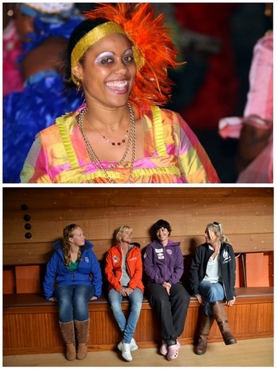 De haut en bas : La Guadeloupe à l'honneur sur le ponton du départ de la Route du Rhum à Saint-Malo ; Photo des femmes engagées dans la course : Miranda Merron en Class40 (Campagne de France), Anne Caseneuve en catégorie Rhum (ANEO), Juliette Petres en Class 40 et Philippa Huton-Square (abandon ndlr) en Class40 (Swish). (Crédit photos David Raynal)