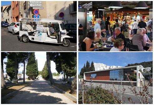 En haut de gauche à droite : Un tuktuk écolo pour visiter la ville ; Les halles, un grand lieu de convivialité (crédit photos André Degon): En bas de gauche à droite : Le cimetière de Py où est enterré Georges Brassens (Crédit photo DR ); Espace Georges Brassens à Sète (Crédit photo OT Sète)