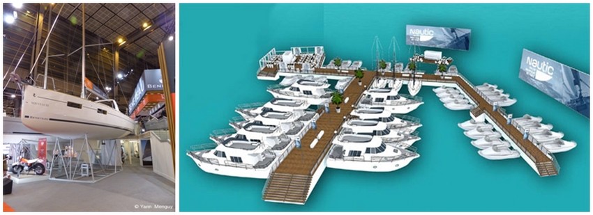 De gauche à droite : Photo du voilier du Groupe Bénéteau; La « Marina du Nautic ». Un espace doté de ponton, conçu comme une véritable Marina permettra d’admirer les bateaux comme sur un salon à flot (Crédit photo  Salon le Nautic 2014).
