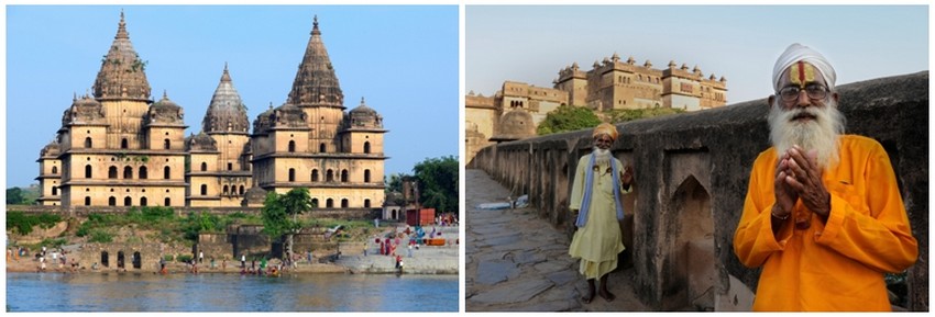 De gauche à droite : Orchha, les ghats au pied des cénotaphes royaux ; Orchha, sadhus devant le palais Raj Mahal (Crédit photos Fabrice Dimier)
