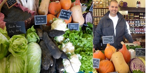1/ De bon matin au marché de Chantilly un étal de légumes frais; 2/ Le magasin bio de l'AMAP et ses Paniers gourmands appréciés par le chef Dorian Wicart  (Crédit photos Catherine Gary))