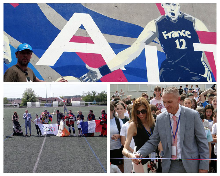 1) Le basketteur Cyril Julian (vice-champion olympique) a été le parrain de cette manifestation haute en couleur. 2) Le traditionnel ruban tricolore a été coupé, par le principal et son adjointe, pour l’inauguration de cette magnifique fresque. 3) Toute l’équipe de Kesa’co Parachutisme réunit autour des drapeaux tricolores et olympiques @ Bertrand Munier.