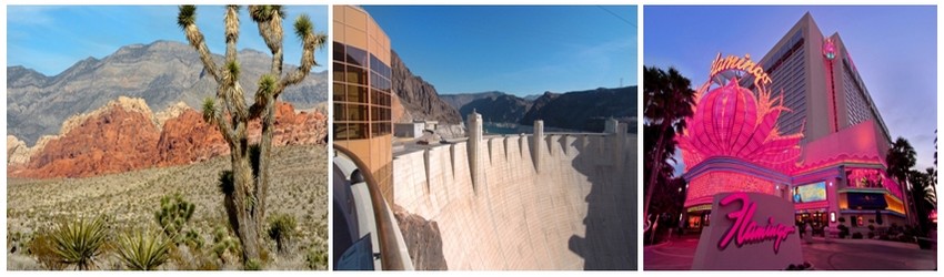 A l'origine Los Vegas n'était qu'une oasis dans le désert Nevada; 2/ Dans les années 30, le New Deal du président Roosevelt pour juguler la crise économique, entraîne la construction du Hoover Dam, un gigantesque barrage hydraulique utilisé pour produire de l'électricité.; 3/ c'est en 1946, que le Flamingo le premier hôtel-casino géant construit par Benjamin Siegel dit « Bugsy » un parrain de la mafia assassiné l’année suivante, voit le jour et ouvre définitivement l’ère de la démesure pour la ville.(Crédit photos Lasvegas.com)