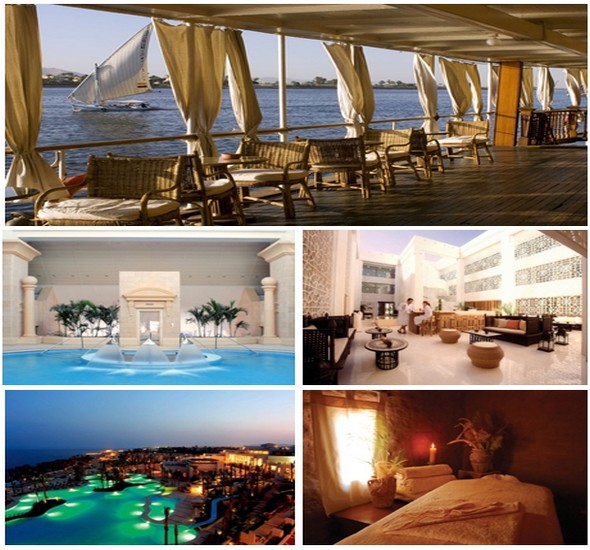 De haut en bas : 2ème rang  1ère photo gauche : SPA-Intercontinental-City-Stars au Caire; 2ème photo droite : Spa Hilton à Luxor; 3ème rang à gauche 1/ SPA-Grand-Rotana- à Charm el-Cheikh; Photo droite : Spa-Al-Tarfa-Lodge-Dakhla (Crédit photos DR)