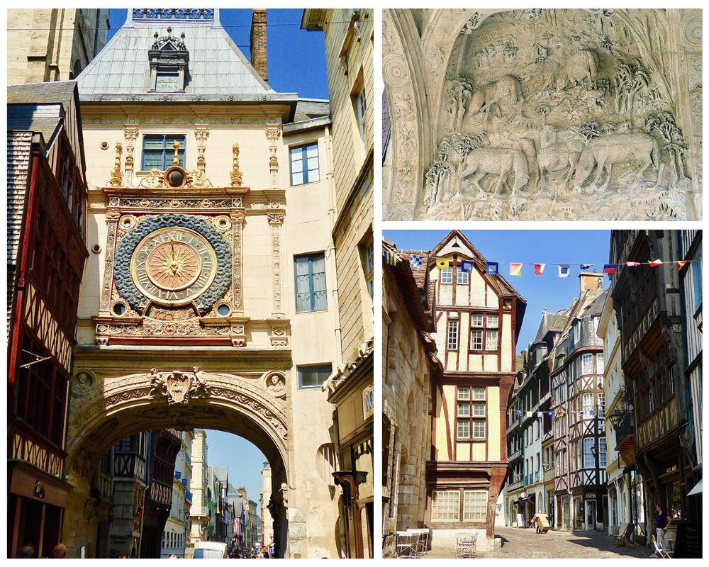 1) Arche surmontée d'une horloge astronomique d'époque Renaissance. Emblème de la ville rue du Gros-Horloge @ Catherine Gary 2) Voûte sculptée sous l'arche du Gros Horloge représentant le Bon Pasteur et ses brebis. @ Catherine Gary   3) La rue Saint Romain à côté de l'Historial de Jeanne d'Arc @ Catherine Gary