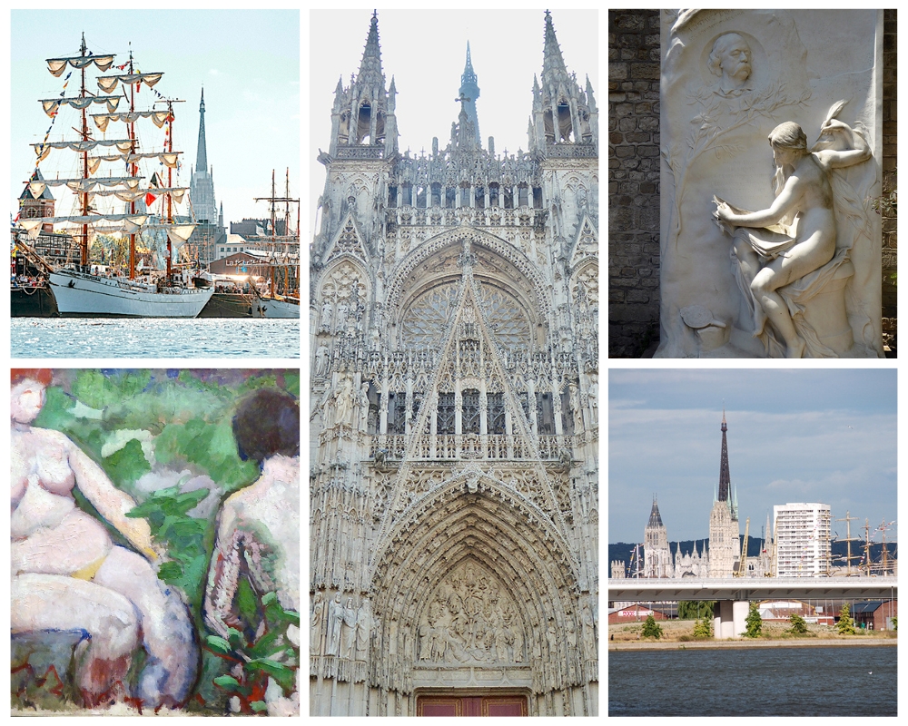 1) L'Armada 2023 sur les quais de Rouen @ Alan Aubry  2) Tableau de Marcel Duchamp avant ses ready-mades au Musée des Beaux-Arts @ Catherine Gary 3) La Façade de la cathédrale gothique Notre-Dame de l'Assomption @ Catherine Gary 4) Monument dédié à Gustave Flaubert dans le jardin du pavillon de l'Hôtel-Dieu où son père était chirurgien @ Catherine Gary 5) Pont routier avec la ville de Rouen en arrière-plan @ David Raynal.