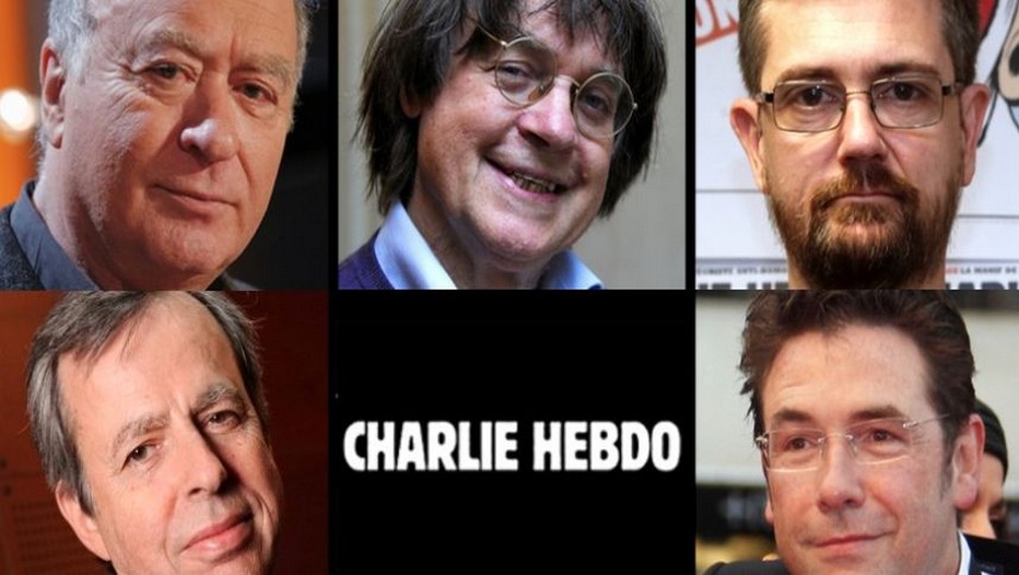 De gauche à droite : Les dessinateurs Wolinski, Cabu, Charb, en bas à gauche : l'économiste Bernard Maris et le dessinateur Tignous (Crédit photo DR)