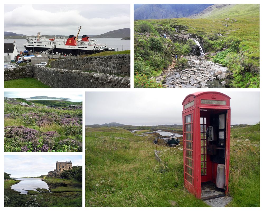 De gauche à droite en partant du haut  : 1/ Arrivée sur l'île de Barra 2/ Ile de Skye Fairy Pulls Massif The Cuillin 3/ Hébrides South Uist  Easaval 4/ Idem/ 5/ Hébrides Ile de Barra Bayhirivagh@ Claude Vautrin