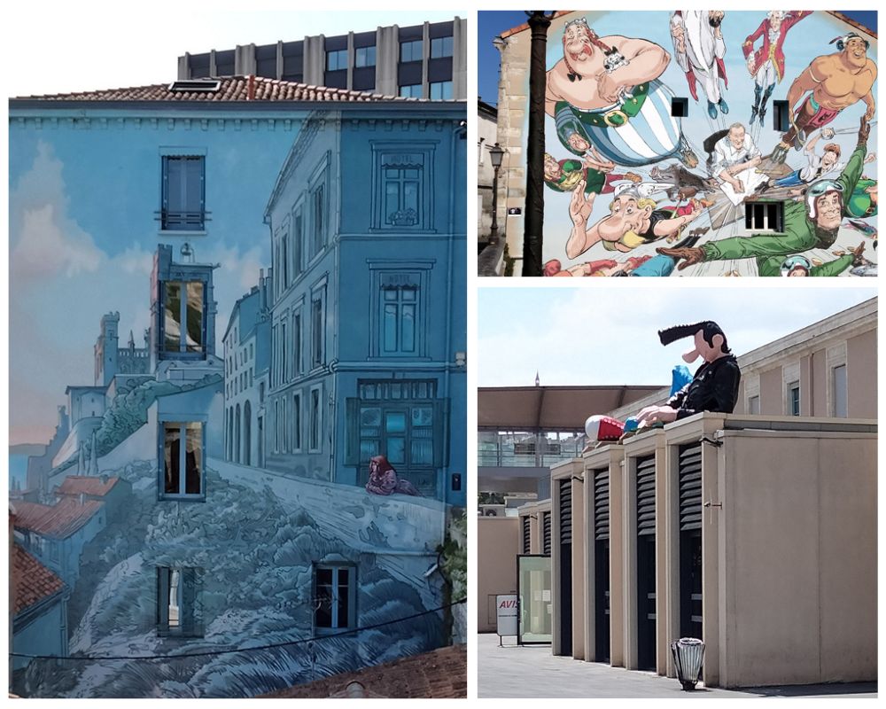 1/ Mur Peint Angoulème 2/ Hommage à Uderzo 3/ Entrée de la gare d'Angoulème avec le personnage Lucien de Franck Margerin @ Françoise Surcouf