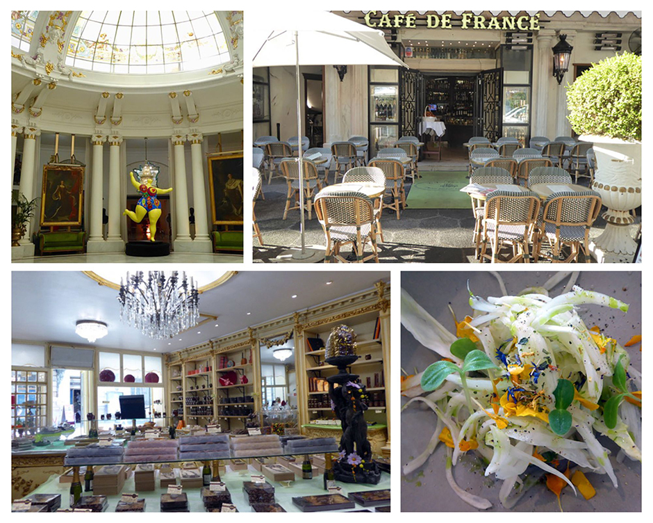 1/L'un des grands salons du Negresco/2 Terrasse du Cafe de France à deux pas de la promenade des Anglais 3/ Maison Auer, le confiseur emblématique du Vieux Nice 4/ Salade de fenouil frais à l'huile d'olive au restaurant Le Siècle @Catherine Gary.