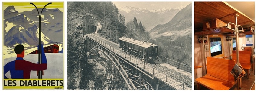 Inauguration de la ligne Aigle-Le Sepey-Les Diablerets en juillet 1914 (Crédit Photo 1  - Musée des Ormonts); 2/ Crédit photo ( musée de Lausanne)  3/  Musée des Ormonts (Crédit photo André Degon)