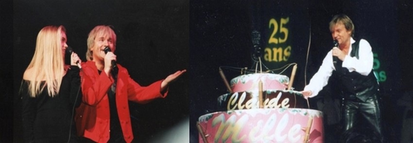 De gauche à droite : 1993 sur la scène de l’Olympia, un instant d’émotion partagé avec sa fille Caroline;  1993 : de retour chez lui sur la scène du Zénith à Nancy.(Collection personnelle d'Annette Dhôtel épouse de C. Jérôme)